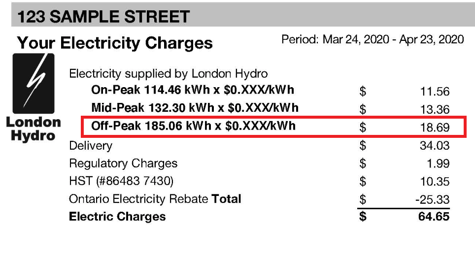 Off-Peak electricity rate on a London Hydro bill