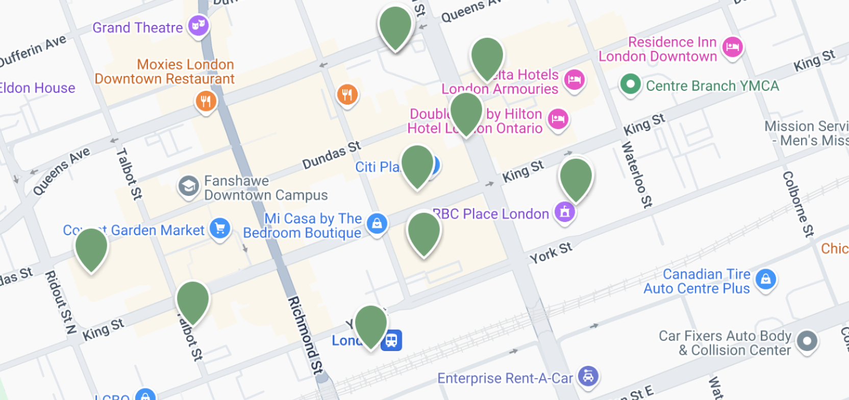 Map of downtown London with green dots marking where people can find EV chargers