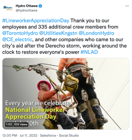 Tweet posted by Hydro Ottawa thanking London Hydro and other utilities for assisting with restoring power after a severe storm in May 2022